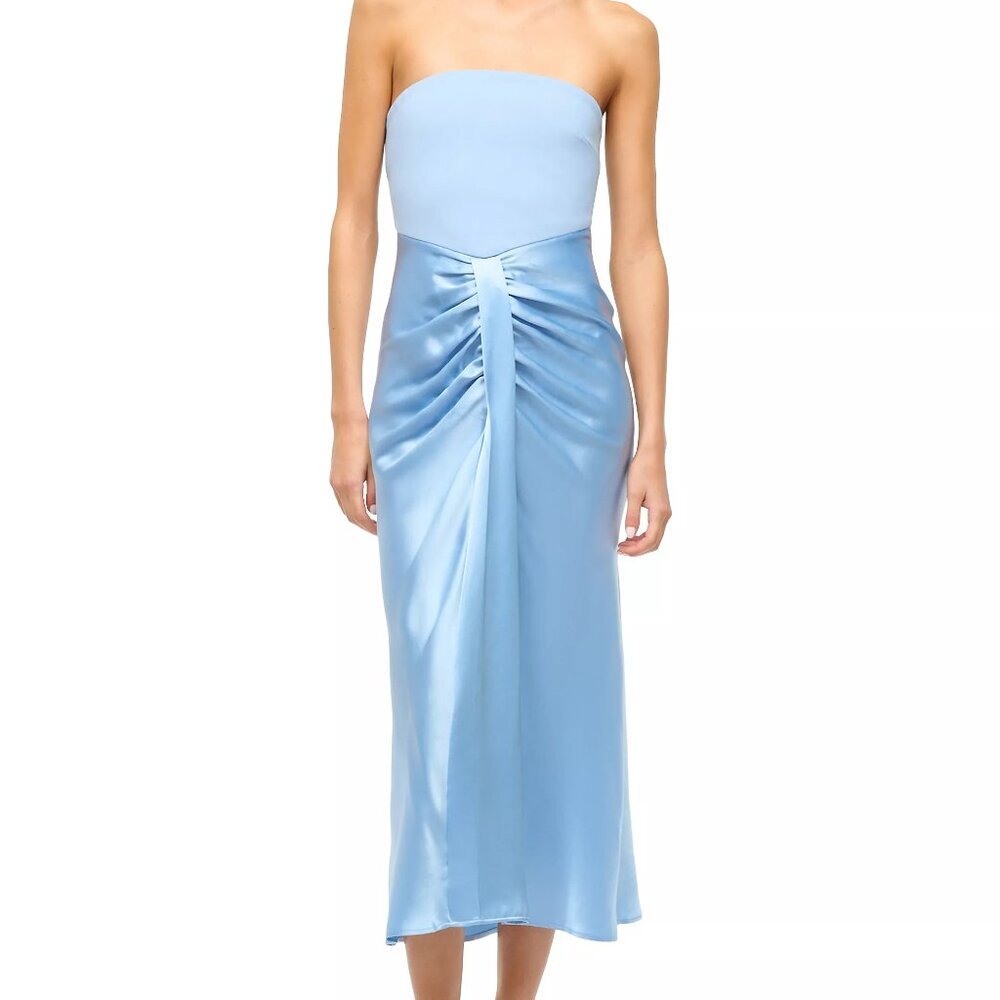 STAUD Strapless Ruched Satin Midi Dress in Light Blue